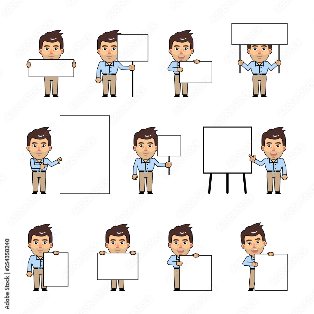 Set of chibi man characters posing with different banners. Funny businessman holding paper, poster, placard, pointing to whiteboard. Teach, advertise, promote. Simple vector illustration Set of chibi man characters posing with different banners. Funny businessman holding paper, poster, placard, pointing to whiteboard. Teach, advertise, promote. Simple vector illustration
