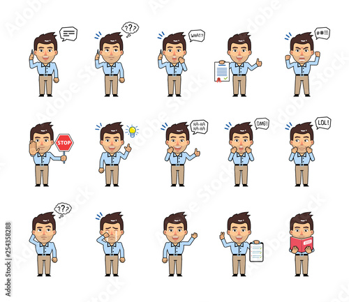 Set of chibi businessman characters showing diverse actions, emotions. Kawaii man talking on phone, angry, surprised, thinking, holding document and doing other actions. Simple vector illustration