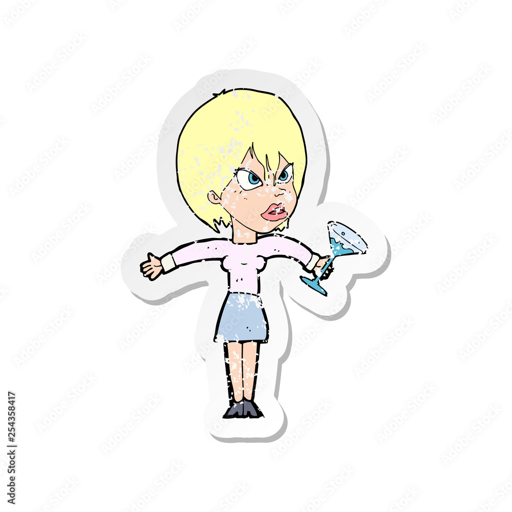 retro distressed sticker of a cartoon woman with drink retro distressed sticker of a cartoon woman with drink