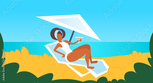 african american girl in white swimsuit sunbathing on beach drinking cocktail on sunbed summer vacation relax concept female cartoon character full length flat horizontal