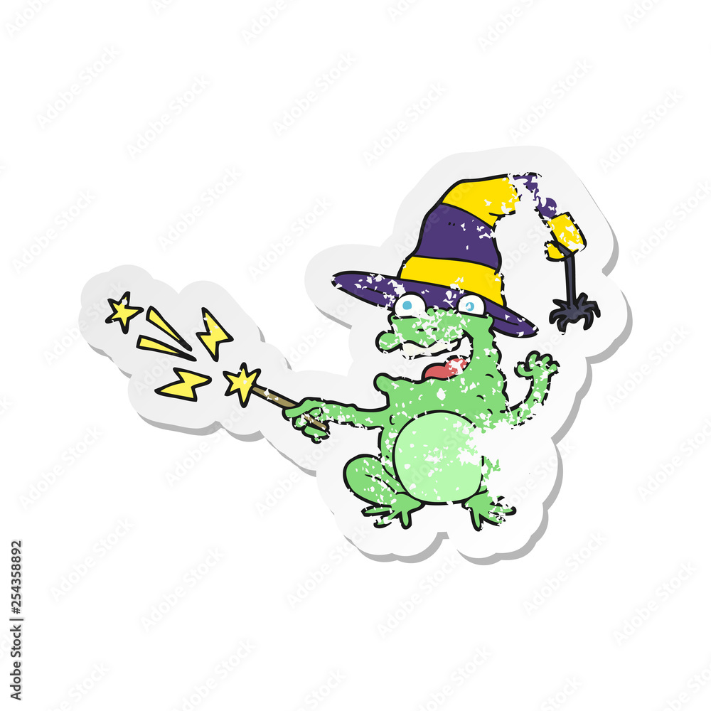 Obraz premium retro distressed sticker of a cartoon toad casting spell