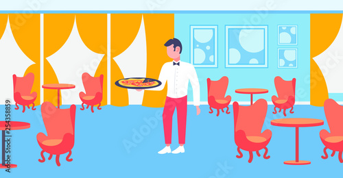 waiter holding plate with hot pizza restaurant hospitality staff modern cafe interior horizontal flat full length