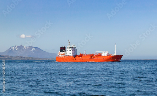 liqid gas container ship in the fairway of northern Norway, approaching Bergen