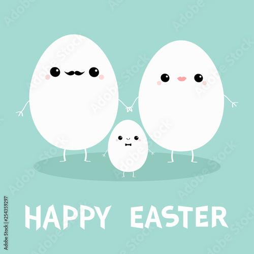 Egg family with lips, mustaches. Happy Easter. Love couple. Boy and girl holding hands. Cute cartoon kawaii funny character set. Mothe father baby. Flat design. Blue pastel color.