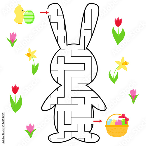 Maze game for preschool kids. Help the chick find right way to the basket of Easter eggs. Labyrinth shape of rabbit. Vector illustration.