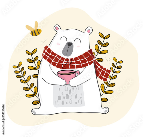 cute white bear having coffee in spring season with a little bee