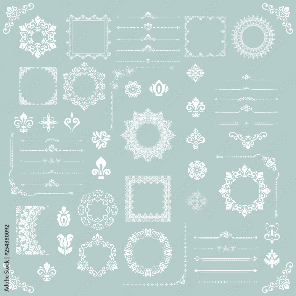 Vintage set of vector horizontal, square and round elements. Different elements for backgrounds, frames and monograms. Classic patterns. Set of vintage white patterns