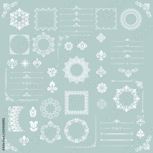 Vintage set of vector horizontal, square and round elements. Different elements for backgrounds, frames and monograms. Classic patterns. Set of vintage white patterns
