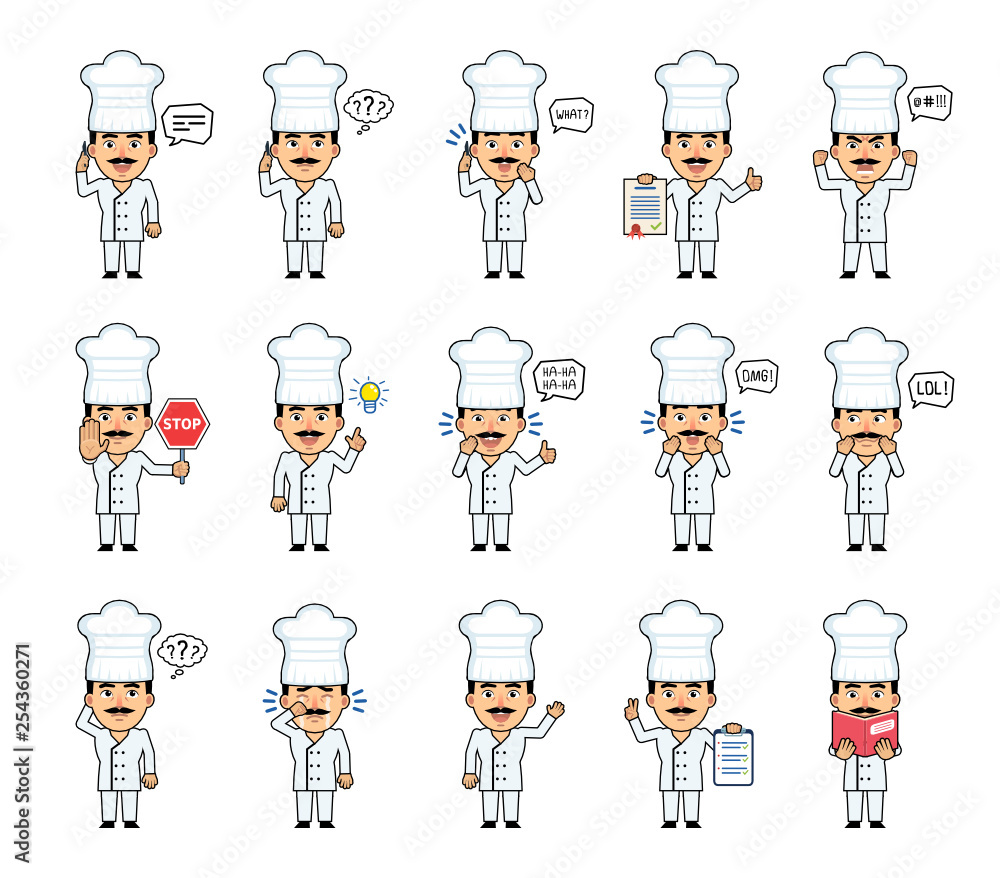 Set of cook characters showing various actions, emotions. Funny cook talking on phone, surprised, thinking, angry, sad, reading book and doing other actions. Simple vector illustration Set of cook characters showing various actions, emotions. Funny cook talking on phone, surprised, thinking, angry, sad, reading book and doing other actions. Simple vector illustration
