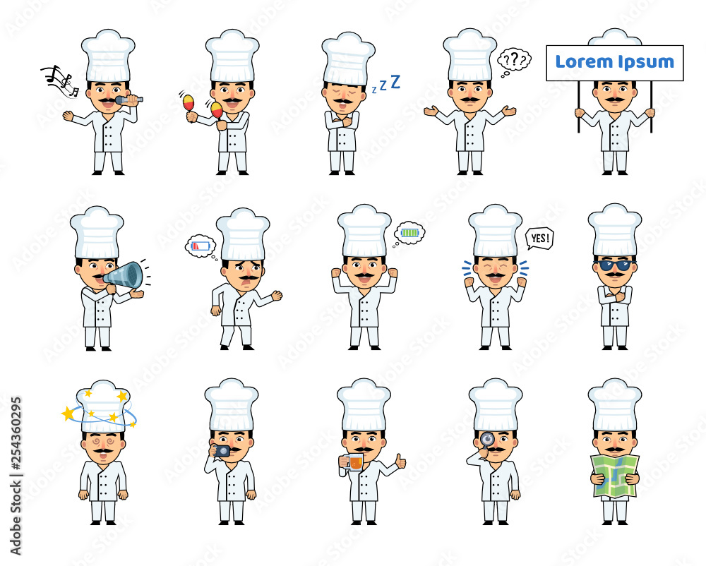 Set of cook characters showing diverse actions, emotions. Funny cook ...