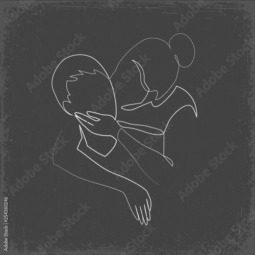 Romantic kiss of two lovers one line vector drawing.