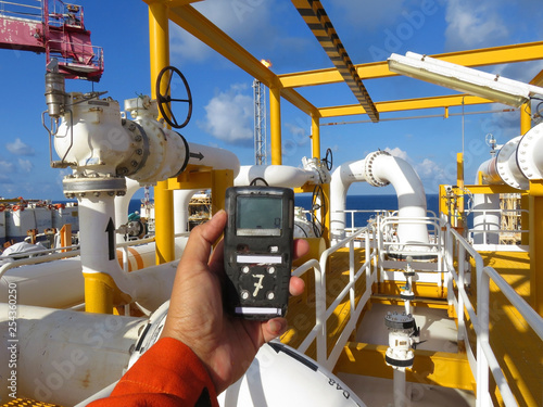 Personal H2S Gas Detector,Check gas leak. Safety concept of safety and security system on offshore oil and gas processing platform, hand hold gas detector.