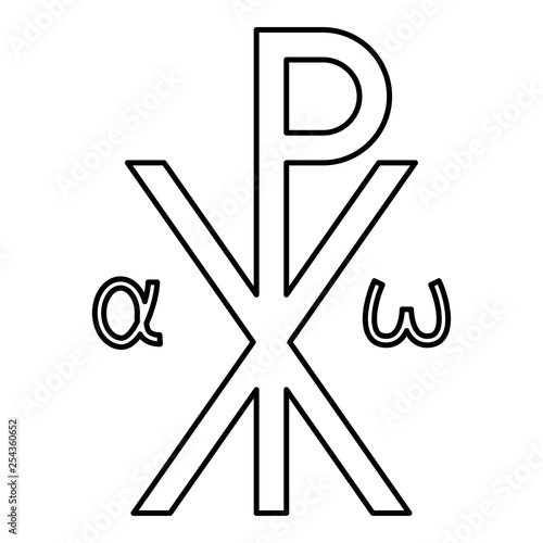 Crismon symbol Cross monogram Xi Hi Ro Konstantin Symbol Saint Pastor sign Religious cross Alfa Omega icon black color outline vector illustration flat style image photo