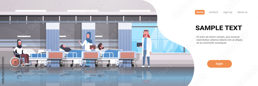 Obraz premium arabic doctors team visiting disabled arab patients sitting wheelchair lying bed intensive therapy ward healthcare concept hospital clinic room interior horizontal copy space