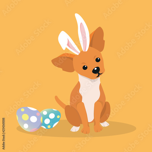 Dog as easter hare with easter eggs.