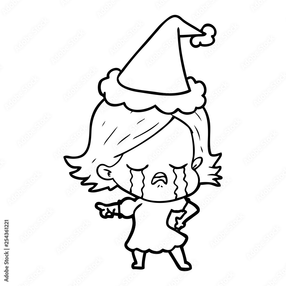 Fototapeta premium line drawing of a girl crying and pointing wearing santa hat