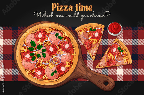 Vector. Fast food theme: pizza on a board.