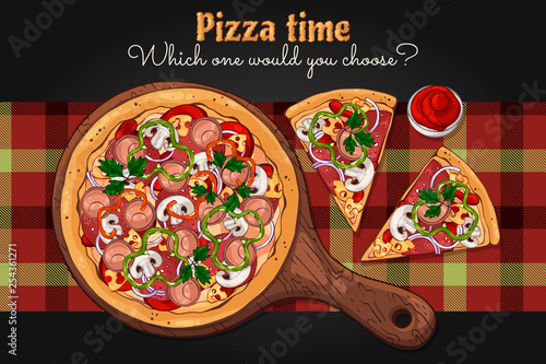 Vector. Fast food theme: pizza on a board.
