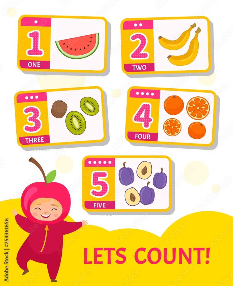 Kids learning material. Card for learning numbers. Number 1-5. Cartoon fruits. Illustration of cute baby in cherry costume.