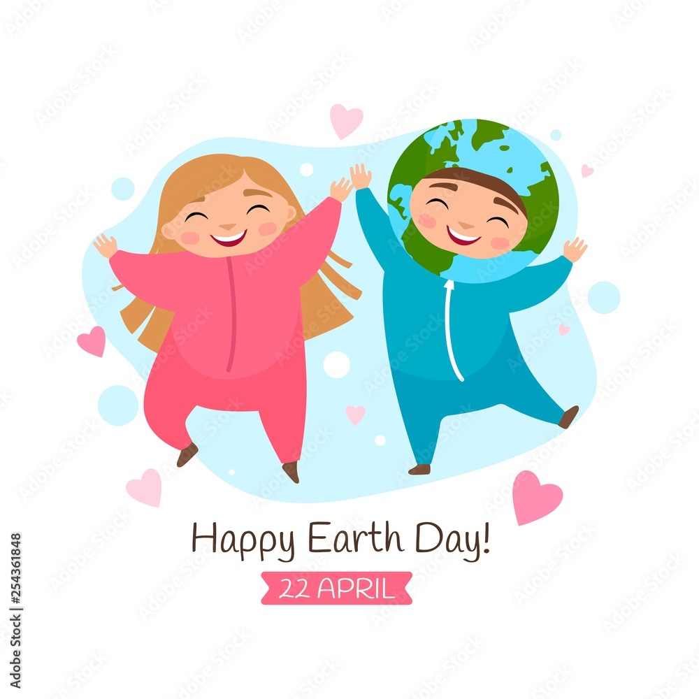 Vector poster for the Earth day. Illustration of a cute boy in Earth costume and girl in pink costume Vector poster for the Earth day. Illustration of a cute boy in Earth costume and girl in pink costume