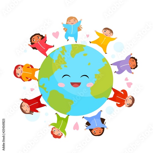 Cute children of different nationalities on the globe.Vector postcard to the day of the earth.