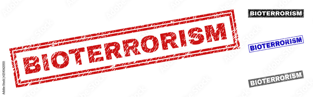 Grunge BIOTERRORISM rectangle stamp seals isolated on a white background. Rectangular seals with distress texture in red, blue, black and gray colors. Grunge BIOTERRORISM rectangle stamp seals isolated on a white background. Rectangular seals with distress texture in red, blue, black and gray colors.