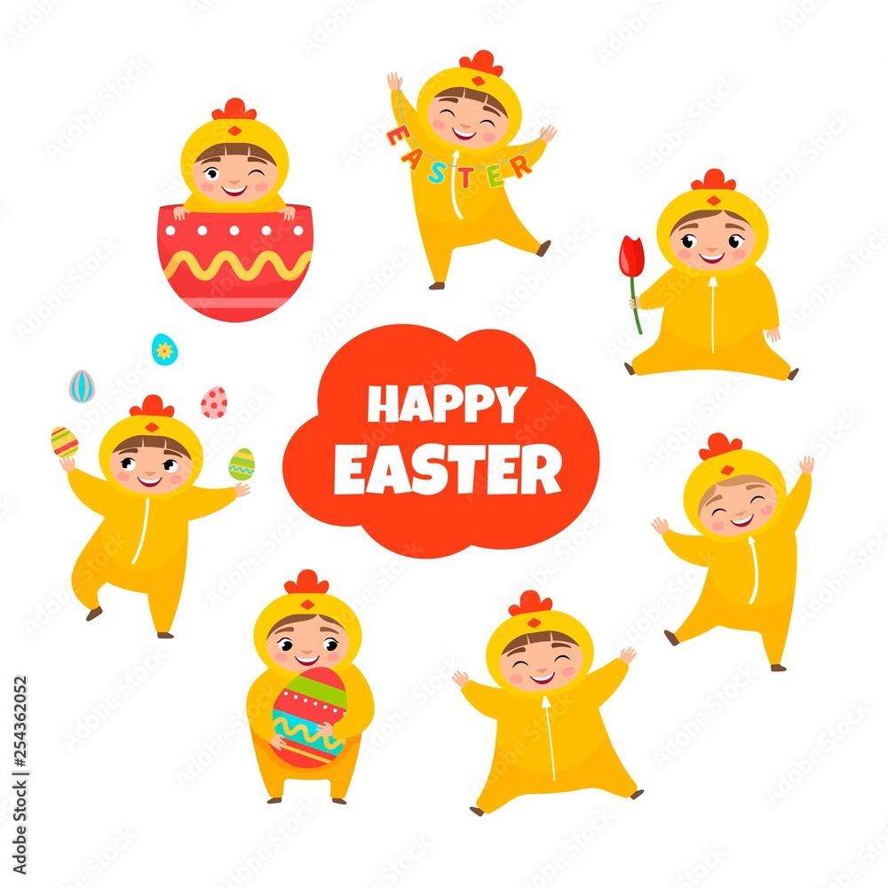 Vector set for Easter. Illustrations of cute kids in chicken costume. Set of templates for cards and posters for the holiday.