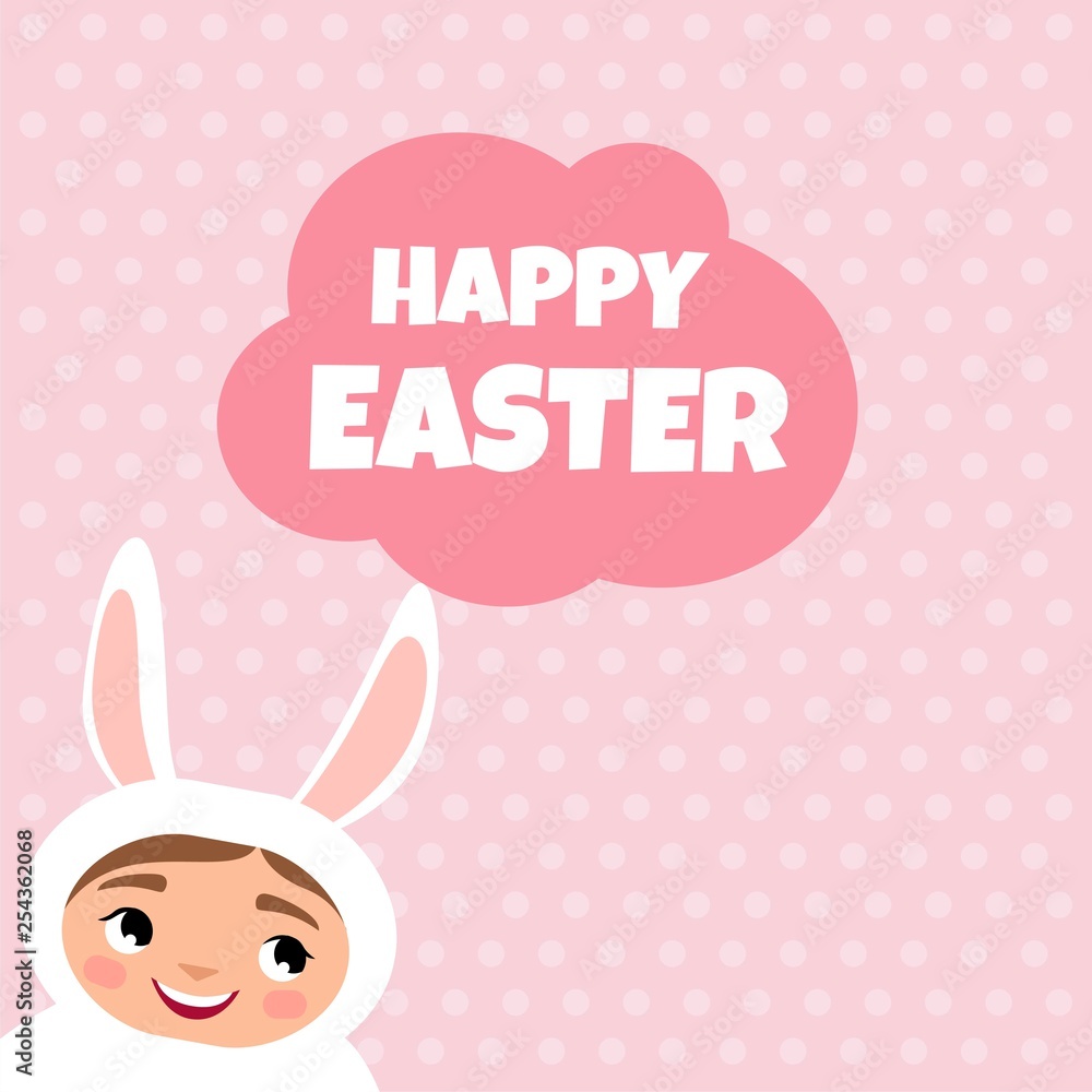 Vector banner happy easter. Illustration of a cute child in a rabbit costume. Pink polka dot background. Vector banner happy easter. Illustration of a cute child in a rabbit costume. Pink polka dot background.