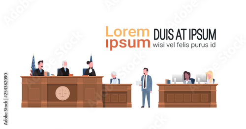 law process with judge secretary suspect and lawyer or attorney giving a speech court session white background copy space horizontal