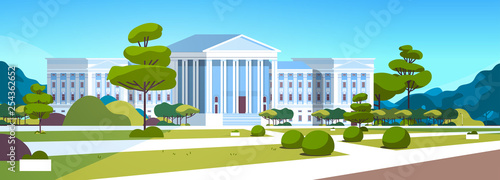 supreme court building with columns government house of justice exterior architecture design courthouse front yard with green grass and trees landscape horizontal banner flat