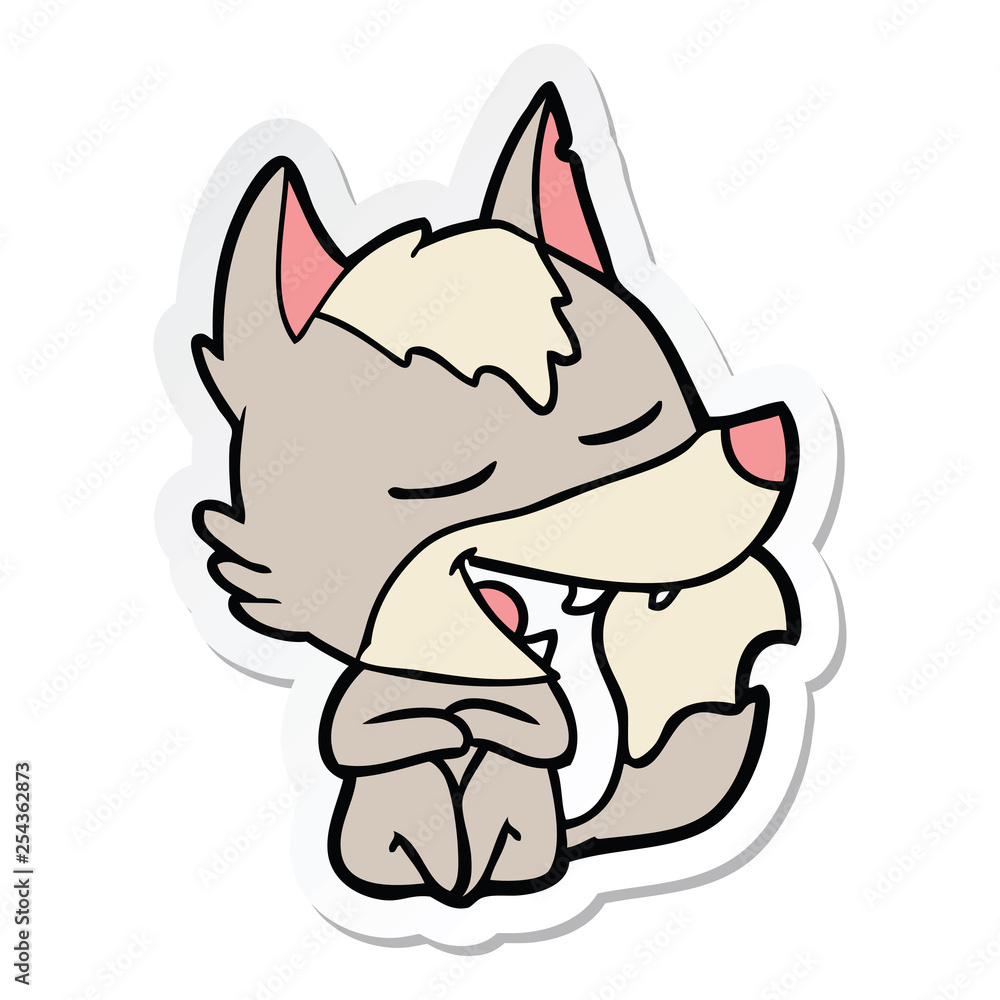 sticker of a cartoon wolf sitting laughing sticker of a cartoon wolf sitting laughing