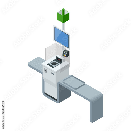 Isometric self-service cashier or terminal. Point with self-service checkout in the supermarket.
