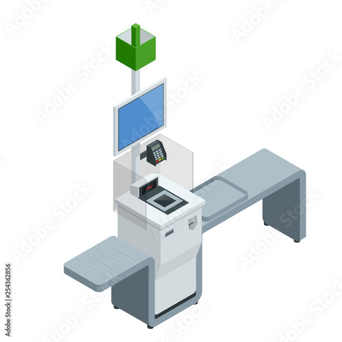 Isometric self-service cashier or terminal. Point with self-service checkout in the supermarket.