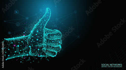 Abstract futuristic blue background. Human hand with a raised finger. Mark of approval. Social networks. Polygonal frame mesh. Technical concepts. The virtual reality. Geometry and Mathematics.