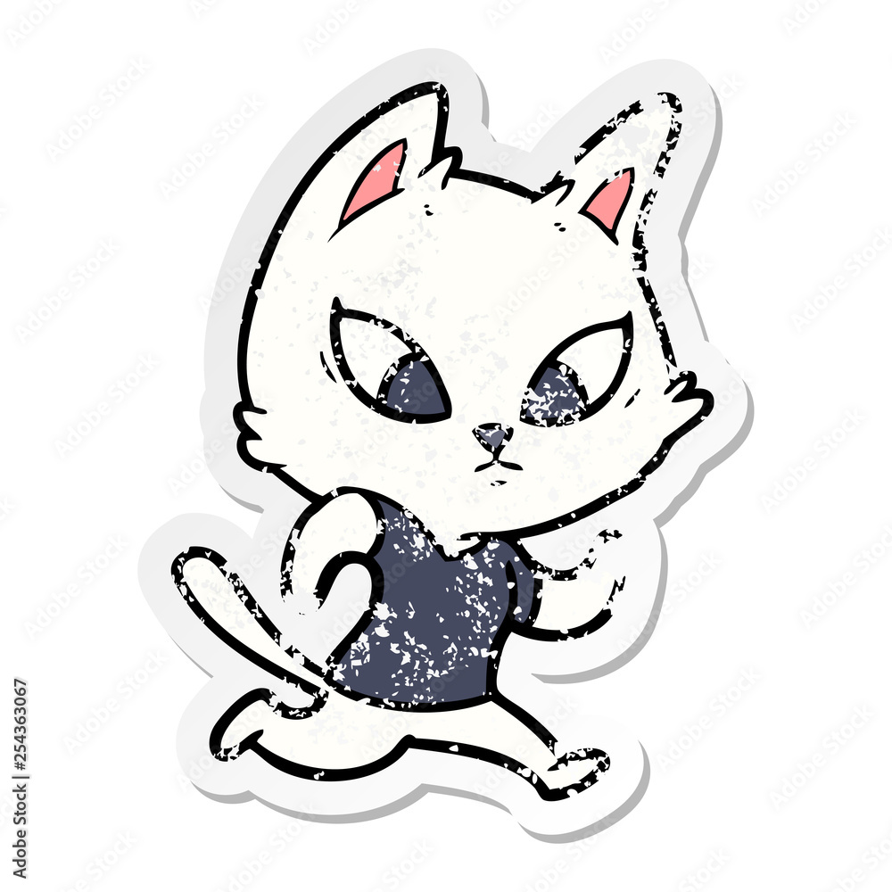 distressed sticker of a confused cartoon cat distressed sticker of a confused cartoon cat