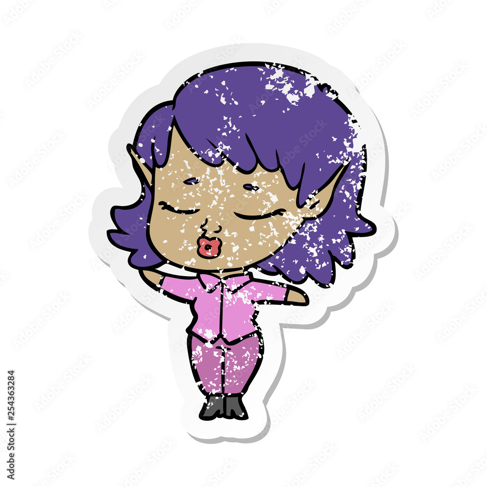 distressed sticker of a pretty cartoon elf girl distressed sticker of a pretty cartoon elf girl