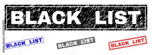 Grunge BLACK LIST rectangle stamp seals isolated on a white background. Rectangular seals with grunge texture in red  blue  black and grey colors.