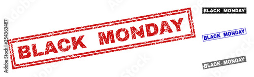 Grunge BLACK MONDAY rectangle stamp seals isolated on a white background. Rectangular seals with distress texture in red, blue, black and gray colors.