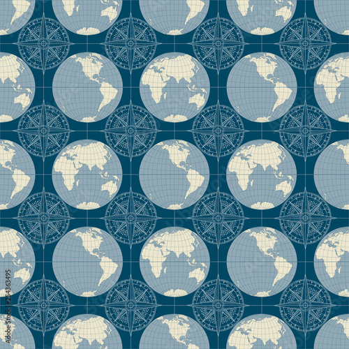 Vector seamless pattern on the theme of nautical travel, adventure and discovery. Wind roses and world maps in retro style on a blue background