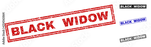 Grunge BLACK WIDOW rectangle stamp seals isolated on a white background. Rectangular seals with grunge texture in red, blue, black and grey colors.