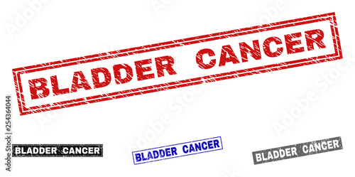 Grunge BLADDER CANCER rectangle watermarks isolated on a white background. Rectangular seals with grunge texture in red, blue, black and gray colors.