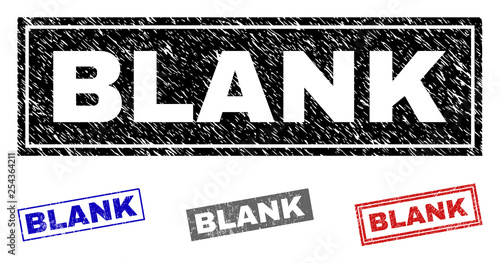 Grunge BLANK rectangle stamp seals isolated on a white background. Rectangular seals with grunge texture in red, blue, black and grey colors.