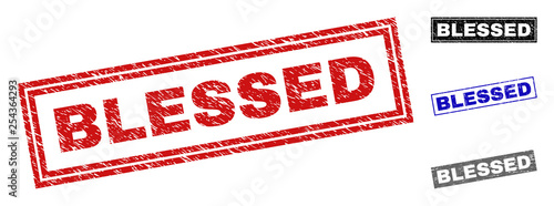 Grunge BLESSED rectangle stamp seals isolated on a white background. Rectangular seals with distress texture in red, blue, black and gray colors.