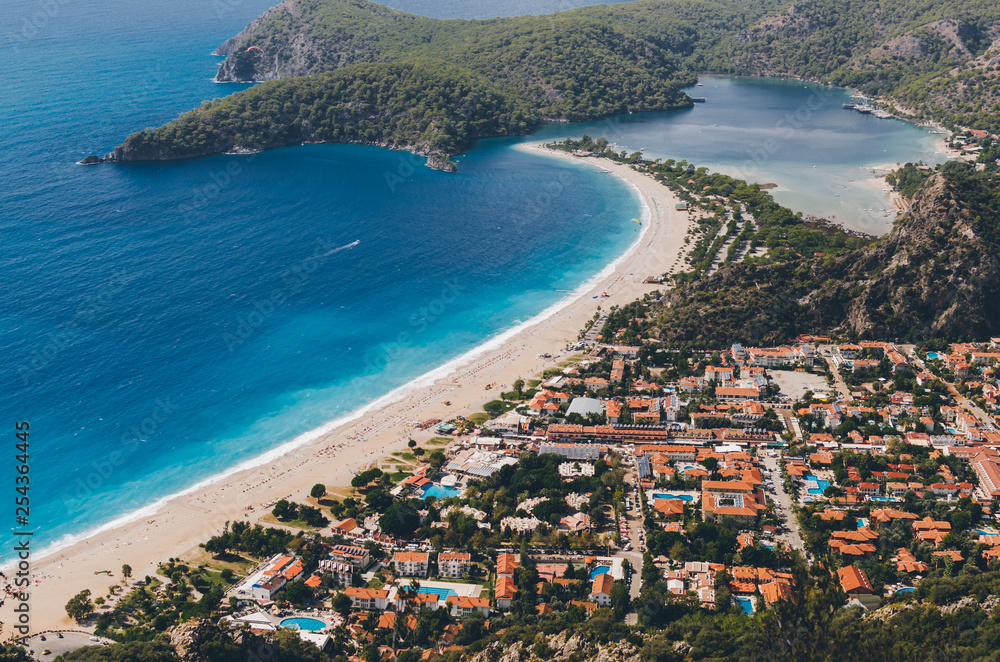Fototapeta premium Amazing beach, top view, Turkey, Oludeniz.