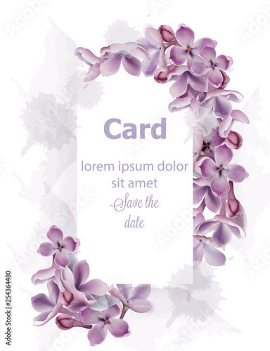 Purple lilac flowers card invitation Vector watercolor. Romantic floral wedding or greeting card decoration. Women day, Valentines Day, sales and other events