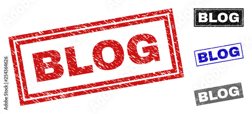 Grunge BLOG rectangle stamp seals isolated on a white background. Rectangular seals with grunge texture in red, blue, black and grey colors. Vector rubber imprint of BLOG tag inside rectangle frames.