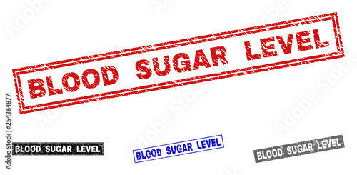 Grunge BLOOD SUGAR LEVEL rectangle stamp seals isolated on a white background. Rectangular seals with grunge texture in red, blue, black and gray colors.