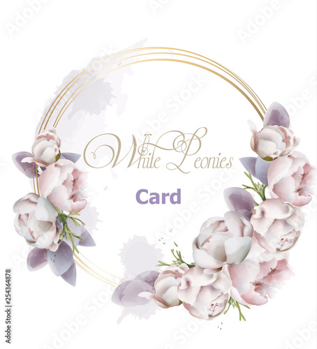 Peony flowers wreath card watercolor Vector. Romantic floral invitation or gr...