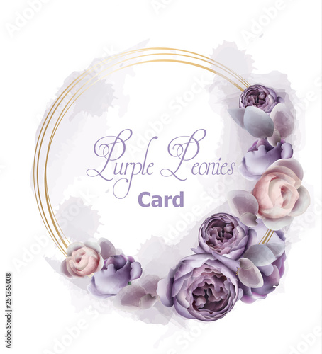 Purple peony flowers wreath card watercolor Vector. Romantic floral invitatio...