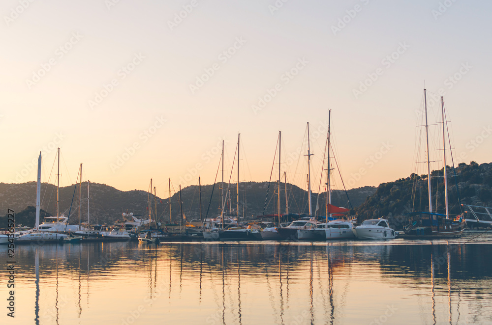 Boats in harbor at sunset,, Antalya, Turkey